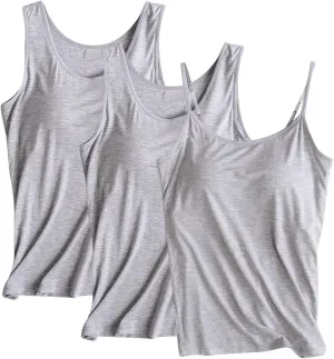 3 Pack Women Tank Tops and Camisole Summer Soft Comfy Modal Built-in Bra Undershirts Sleeveless Scoop Neck Yoga Tees