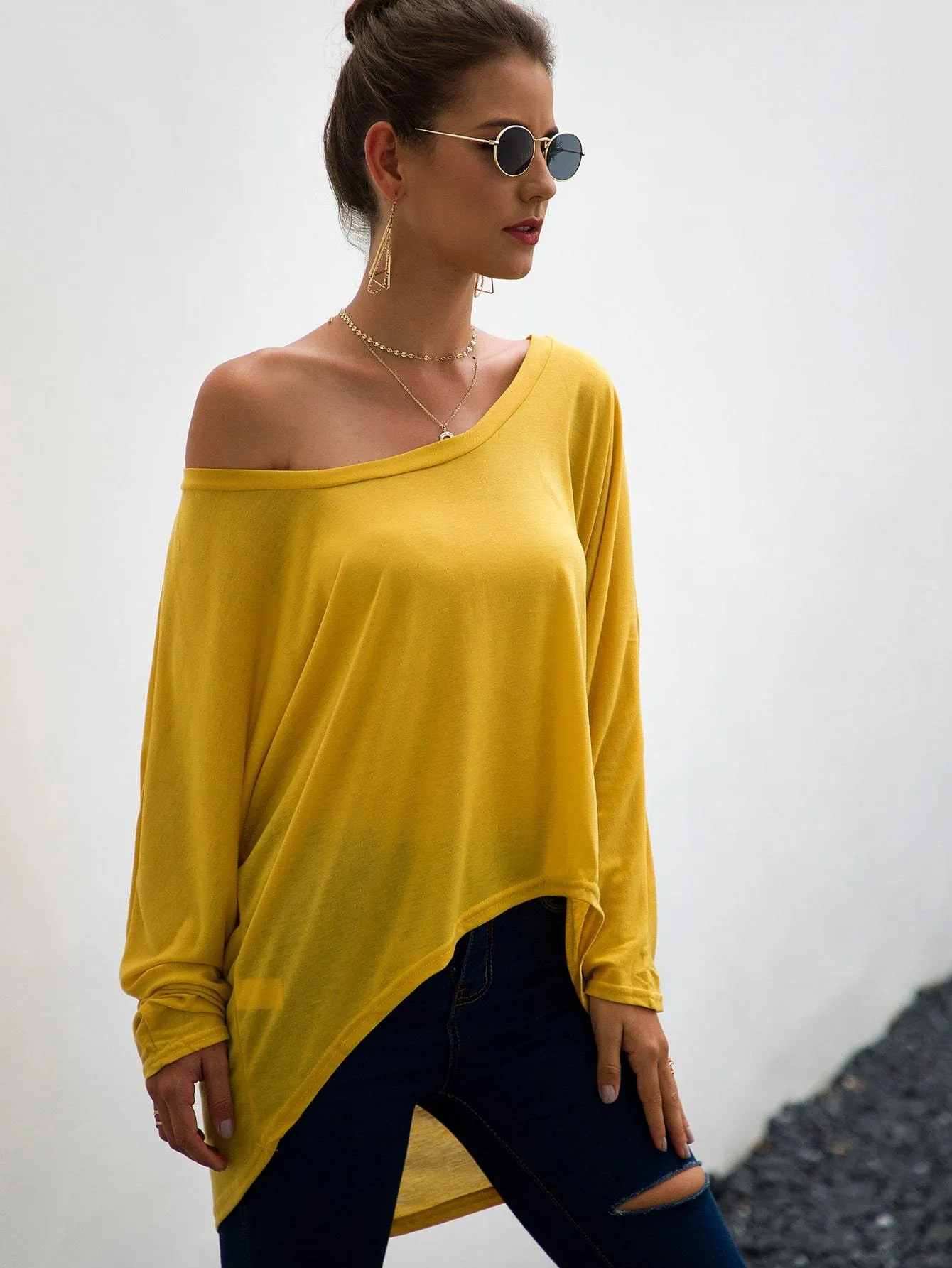 Batwing Sleeve High Low Solid Tee