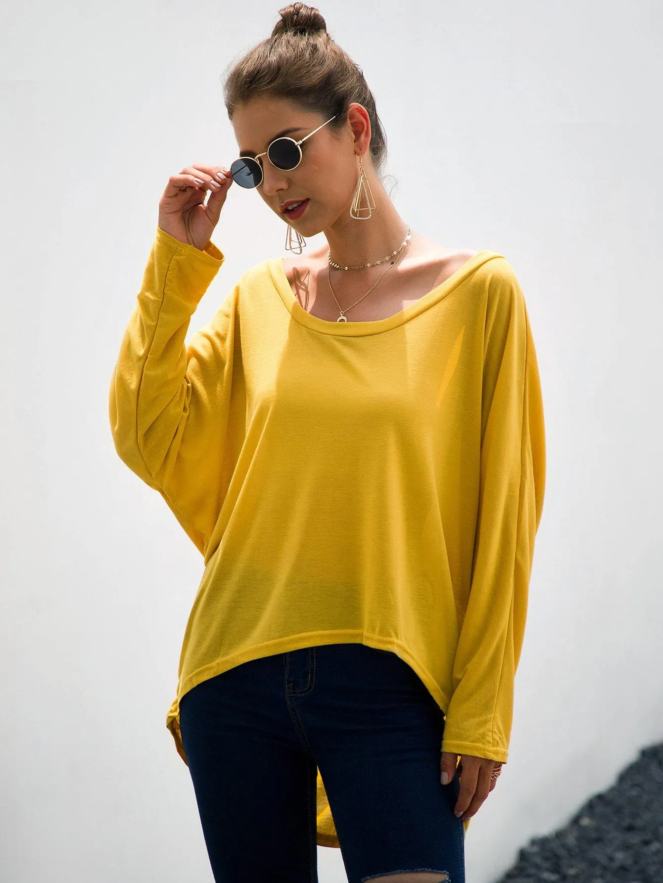 Batwing Sleeve High Low Solid Tee