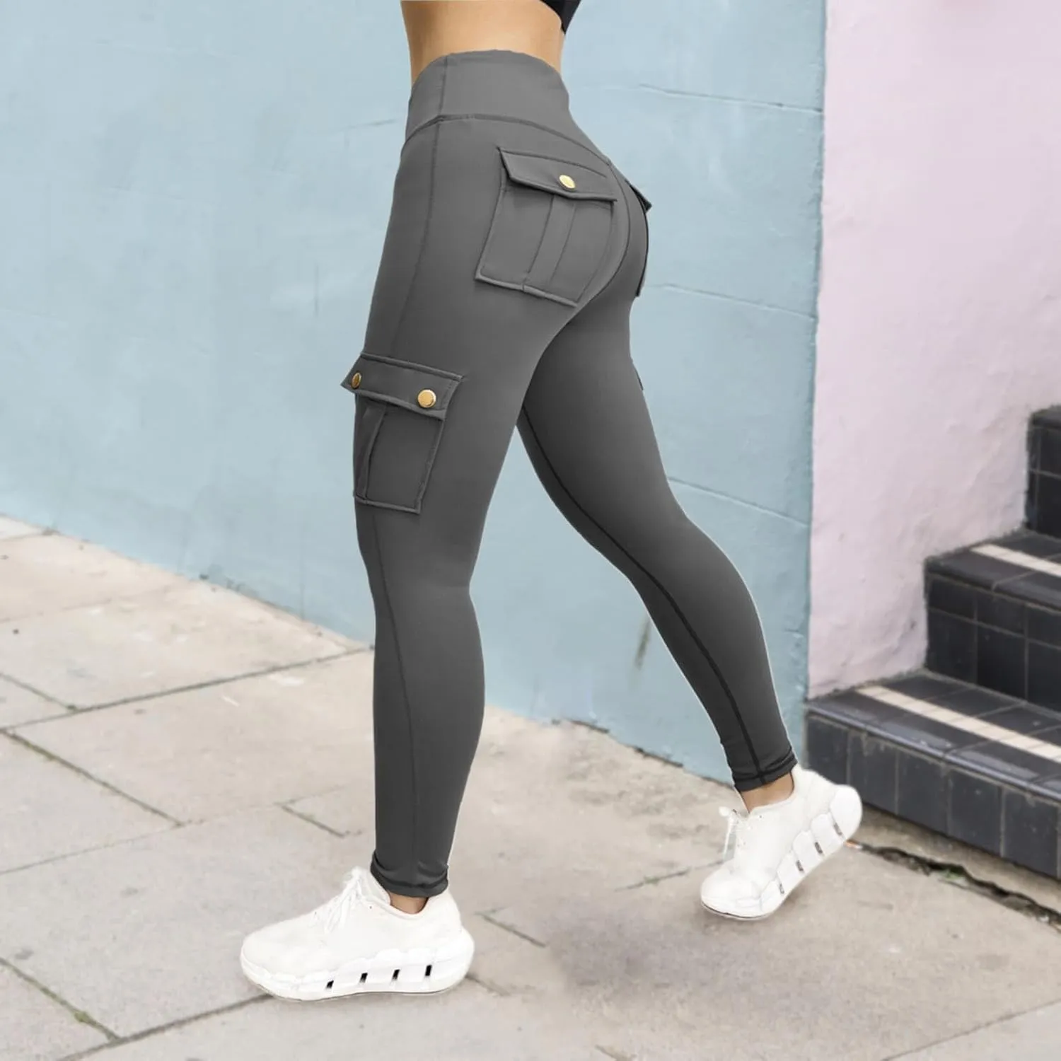 Cargo Leggings with Pockets for Women High Waist Workout Butt Lifting Tummy Control Leggings Running Gym Sports Pants
