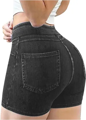 HGps8w Women's Fake Jean Shorts Butt Lifting High Waisted Yoga Shorts Denim Print Soft Athletic Workout Short Leggings