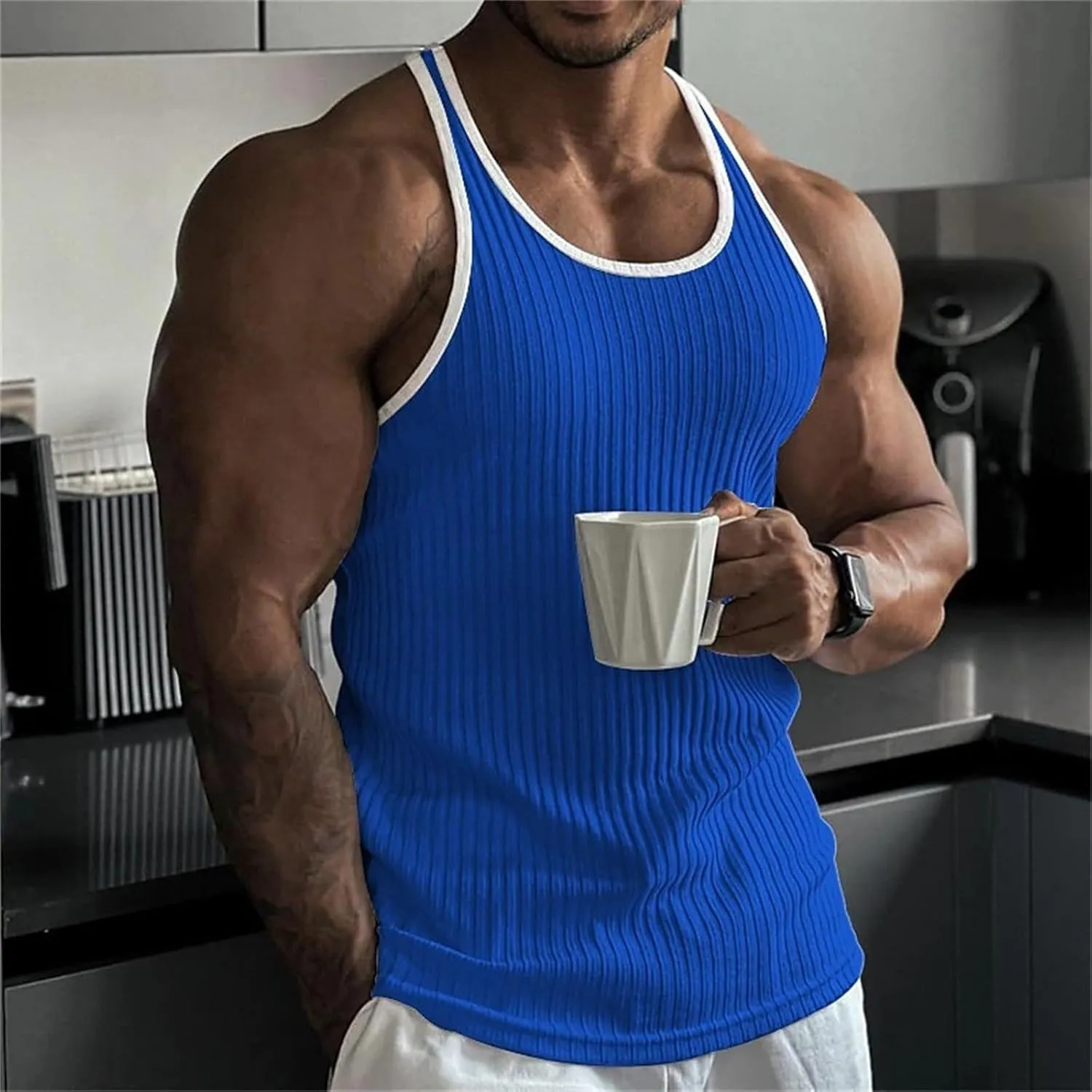 Mens Tank Top Slim Fit Vertical Striped Knitted Fitness Sleeveless Muscle Shirt Rib Knit Round Neck Undershirts