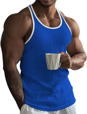 Mens Tank Top Slim Fit Vertical Striped Knitted Fitness Sleeveless Muscle Shirt Rib Knit Round Neck Undershirts