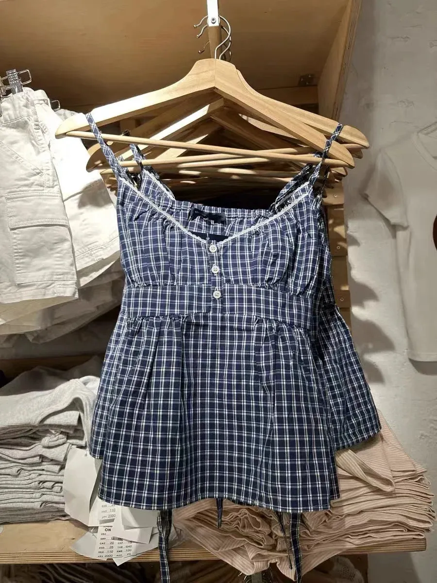 New Red Plaid Buttons Slim Tank Top Women Lace Trim V-neck Back Lace-up Cotton Camis Summer Vintage Sweet Sleeveless Vests Y2k