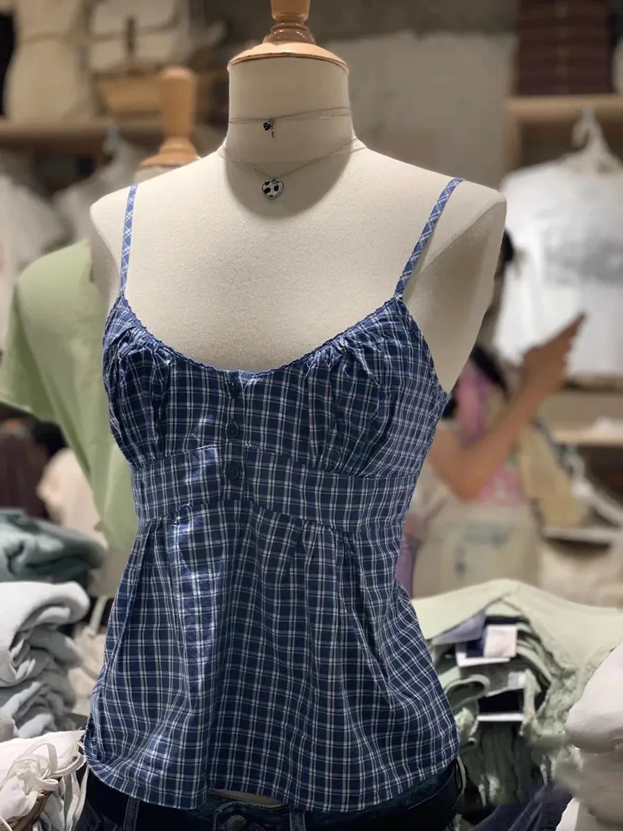 New Red Plaid Buttons Slim Tank Top Women Lace Trim V-neck Back Lace-up Cotton Camis Summer Vintage Sweet Sleeveless Vests Y2k