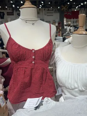 New Red Plaid Buttons Slim Tank Top Women Lace Trim V-neck Back Lace-up Cotton Camis Summer Vintage Sweet Sleeveless Vests Y2k