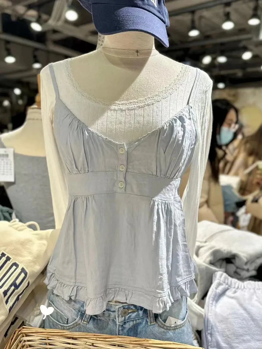 New Red Plaid Buttons Slim Tank Top Women Lace Trim V-neck Back Lace-up Cotton Camis Summer Vintage Sweet Sleeveless Vests Y2k