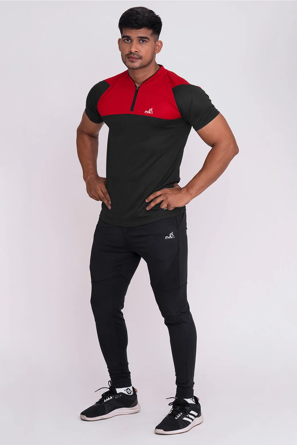 Stand Neck Semi Collar T-Shirts Charcoal Red