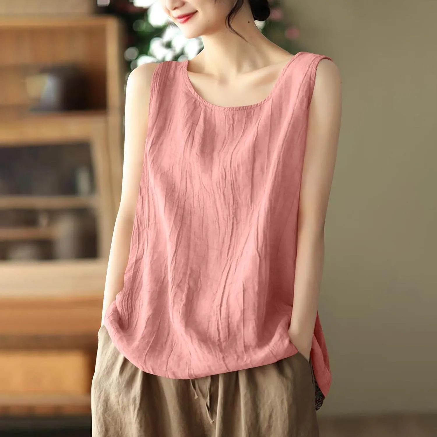 Women Cotton Linen Sleeveless Tank Tops Round Neck Solid Color Summer Shirt Casual Loose Comfy T-Shirt Blouse Vest
