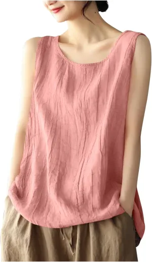 Women Cotton Linen Sleeveless Tank Tops Round Neck Solid Color Summer Shirt Casual Loose Comfy T-Shirt Blouse Vest