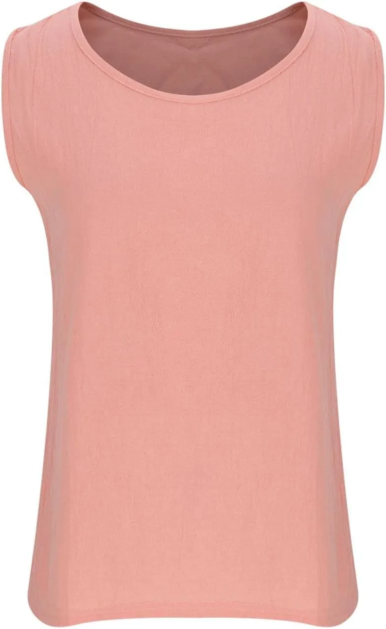 Women Cotton Linen Sleeveless Tank Tops Round Neck Solid Color Summer Shirt Casual Loose Comfy T-Shirt Blouse Vest