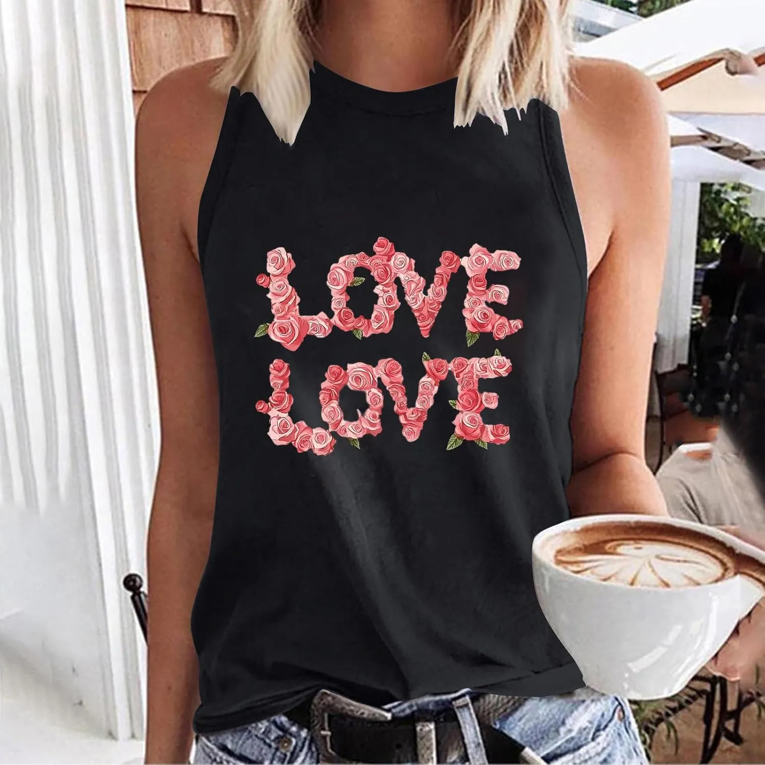 Womens Loose Casual Flowy Tank Tops Trendy Sleeveless Printed Solid Color Crewneck Outfits 2025 Vacation Summer Tank