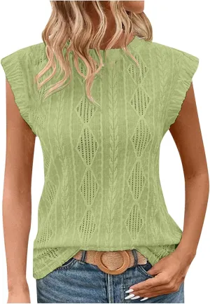 Women's Summer Tank Tops Casual Crewneck Sleeveless Shirts Comfy Lightweight Crochet Knit Texture Tank Top Blouses