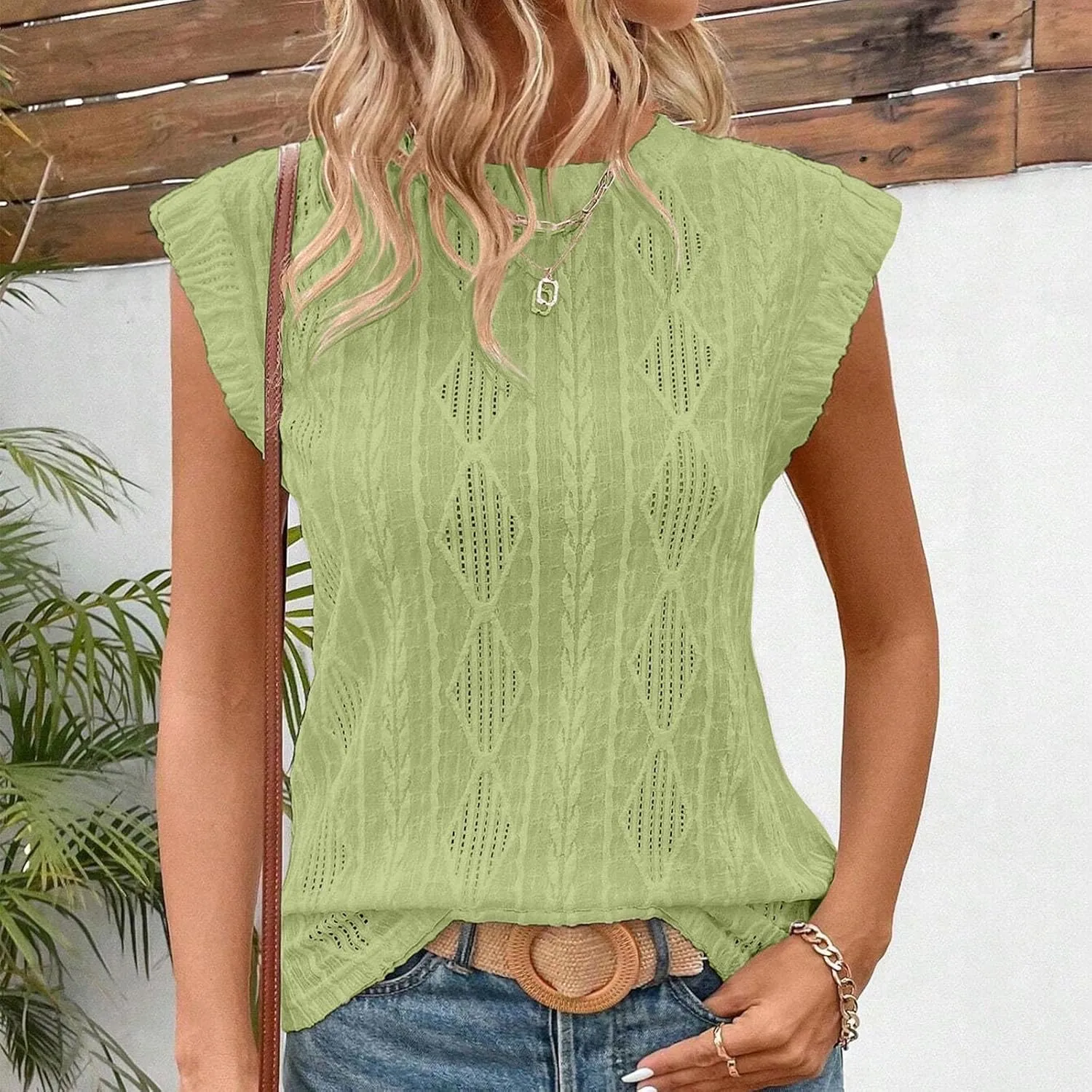 Women's Summer Tank Tops Casual Crewneck Sleeveless Shirts Comfy Lightweight Crochet Knit Texture Tank Top Blouses