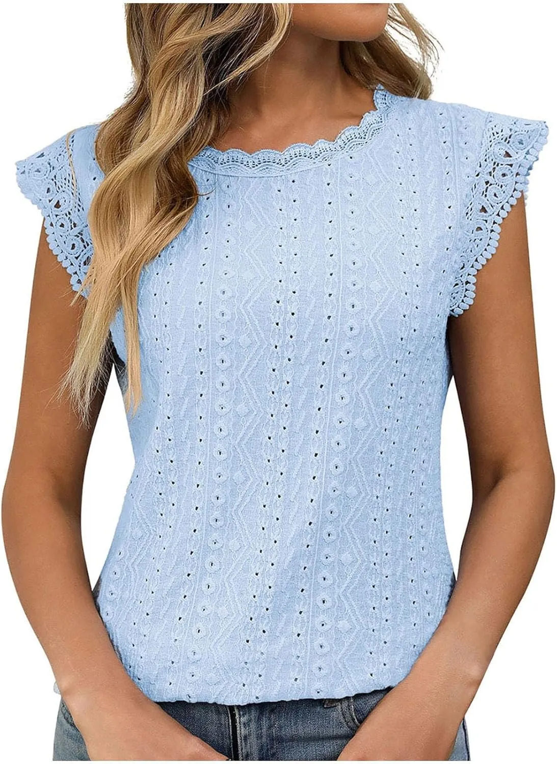 Womens Tank Tops Dressy Casual Eyelet Sleeveless Patchwork Lace Shirt Crewneck Hollow Out Fashion Summer Tank Top