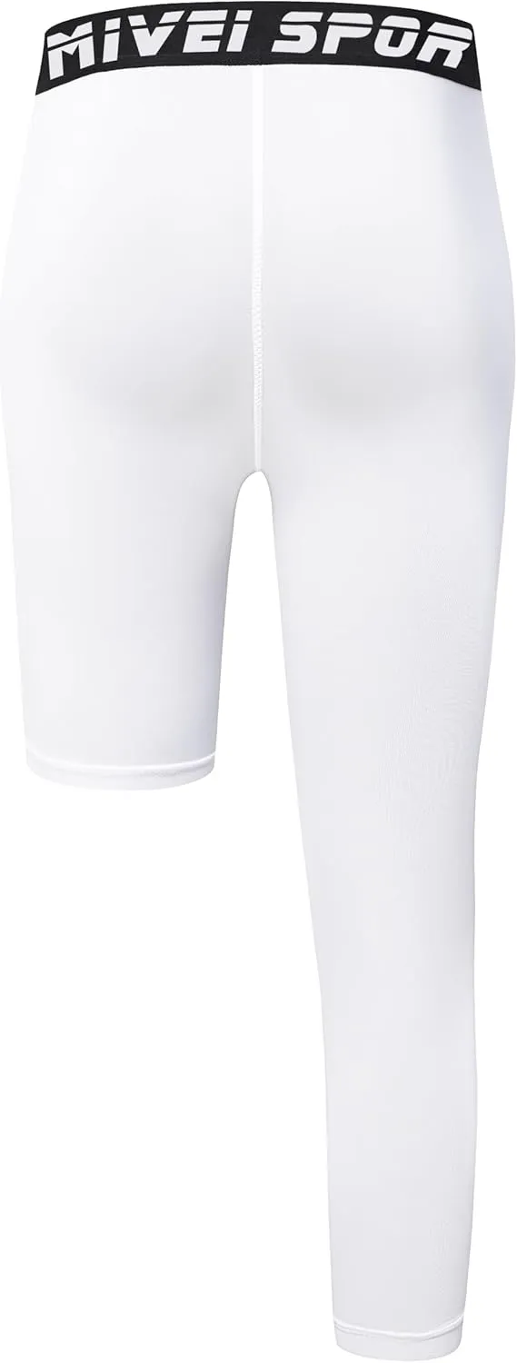 Youth Boys One Leg Compression Pants - 3/4 Kids Basketball Tights Girls Football Soccer Leggings Sports Base Layer