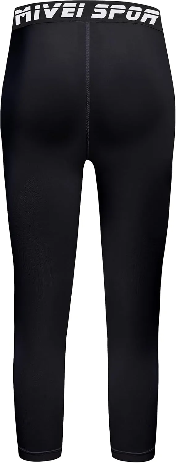 Youth Boys One Leg Compression Pants - 3/4 Kids Basketball Tights Girls Football Soccer Leggings Sports Base Layer