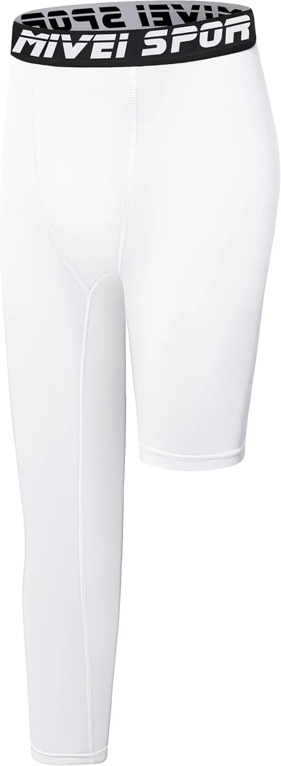 Youth Boys One Leg Compression Pants - 3/4 Kids Basketball Tights Girls Football Soccer Leggings Sports Base Layer