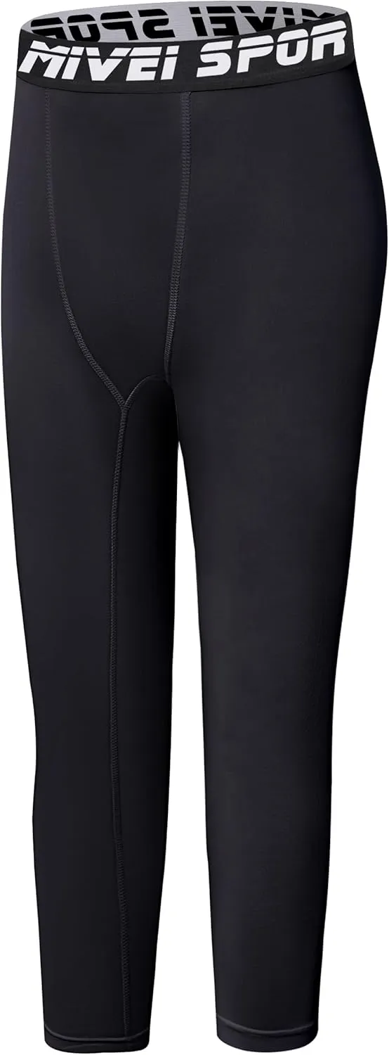 Youth Boys One Leg Compression Pants - 3/4 Kids Basketball Tights Girls Football Soccer Leggings Sports Base Layer